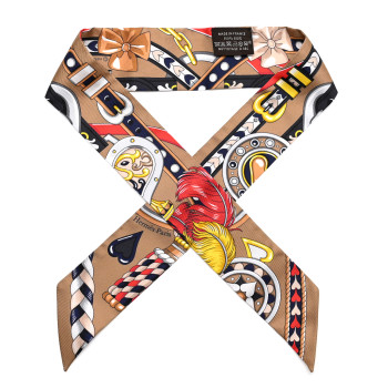 HERMES Silk Harnais De Coeur Twilly Beige Foncé Rouge Anthracite