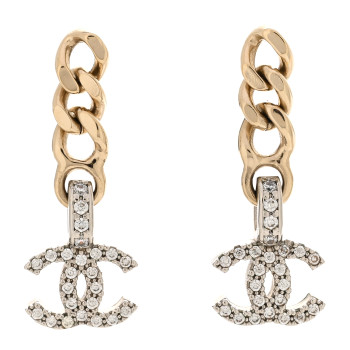 CHANEL Metal Crystal CC Chain Drop Earrings Gold