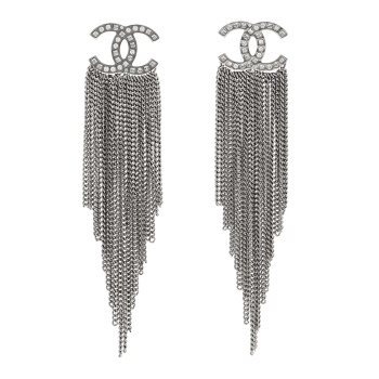 CHANEL Baguette Crystal CC Chain Drop Earrings Silver