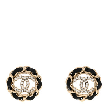 CHANEL Crystal Lambskin Chain CC Stud Earrings Black Gold