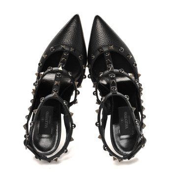 VALENTINO GARAVANI Pebbled Calfskin Onyx Rockstud Rolling Ankle Strap 100mm Pumps 37 Black