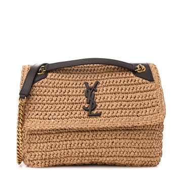 SAINT LAURENT Raffia Calfskin Monogram Medium Niki Chain Satchel Natural