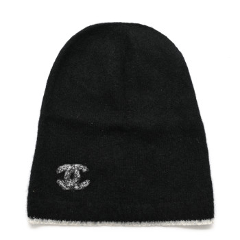 CHANEL Cashmere Silk CC Beanie Hat Black White