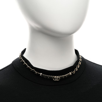 CHANEL Metal Lambskin Crystal CC Choker Necklace Black Gold