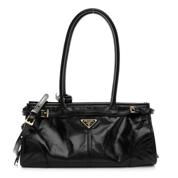 PRADA Glossy Calfskin Triangle Medium Bonnie Shoulder Bag Black