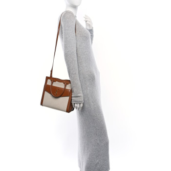 SAINT LAURENT Canvas Calfskin Small Uptown Tote Brown