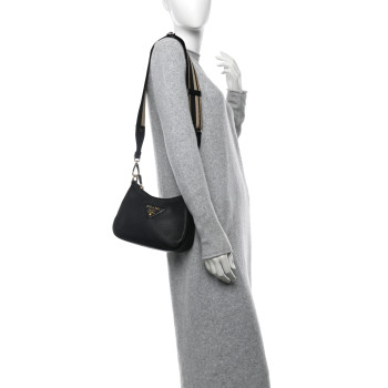 PRADA Vitello Daino Soft Zippered Hobo Shoulder Bag Black