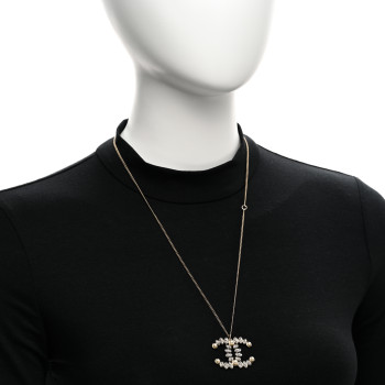 CHANEL Pearl Crystal CC Pendant Necklace Gold Gold