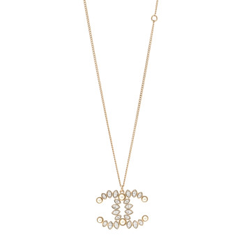 CHANEL Pearl Crystal CC Pendant Necklace Gold Gold