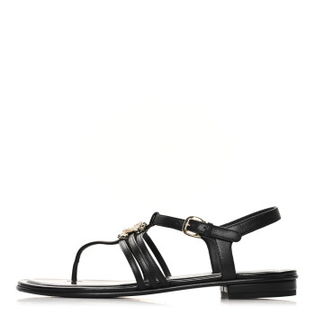 CHANEL Lambskin Pearl Crystal CC Thong Sandals 38.5 Black