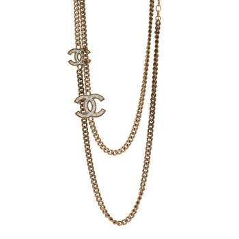 CHANEL Metal Quilted CC Long Chain Necklace Gold Pearly White