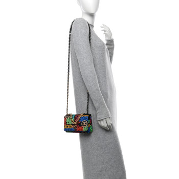 CHANEL Fabric Printed Chanel 19 Wallet On Chain WOC Black Multicolor