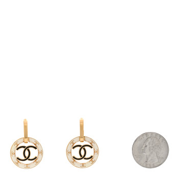 CHANEL Metal Enamel CC Round Drop Earrings Gold Black White