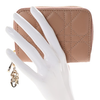 CHRISTIAN DIOR Lambskin Cannage Small Lady Dior Voyageur Coin Purse Rose Des Vents