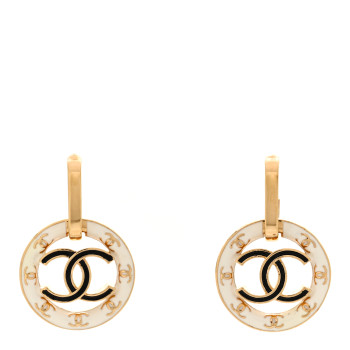 CHANEL Metal Enamel CC Round Drop Earrings Gold Black White