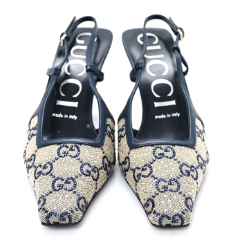 GUCCI GG Monogram Malaga Kid Crystal Square G 75mm Slingback Pumps 37 Beige Blue