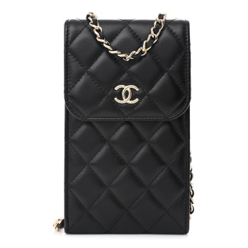 CHANEL Lambskin Quilted Mini Camellia Bow Phone Holder Black