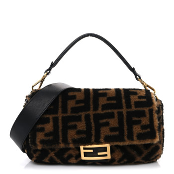 FENDI Shearling Vitello Dolce Macro FF 1974 Baguette Tobacco Black