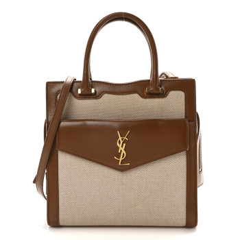 SAINT LAURENT Canvas Calfskin Small Uptown Tote Brown