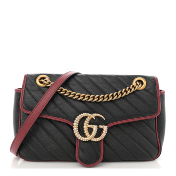 GUCCI Vintage Effect Calfskin Matelasse Diagonal Small Torchon GG Marmont Shoulder Bag Black Romantic Cherry