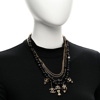 CHANEL Resin Glass CC Beaded Charms Multi Strand Short Necklace Gold Black