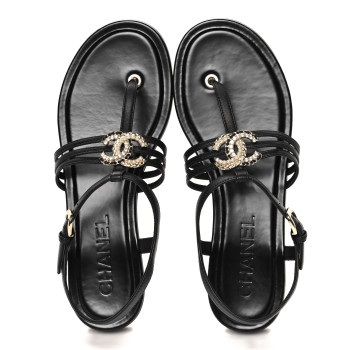 CHANEL Lambskin Pearl Crystal CC Thong Sandals 38.5 Black
