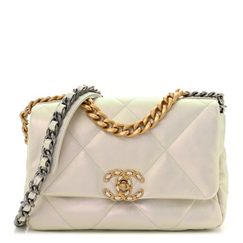 CHANEL Iridescent Calfskin Quilted Medium Chanel 19 Flap White