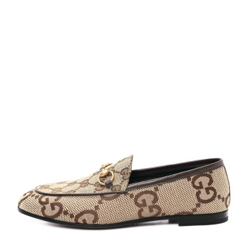 GUCCI Monogram Jumbo GG Malaga Kid Horsebit Womens Jordaan Loafers 36 Beige Ebony New Acero