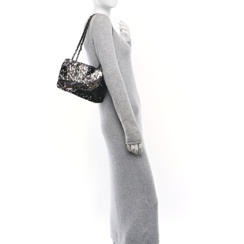CHANEL Sequin Medium Single Flap Silver Black Multicolor