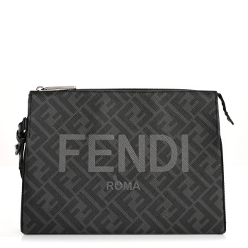 FENDI Shiny Glazed Fabric Vitello Cover FF 1974 Logo Clutch Black