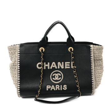 CHANEL Calfskin Knit Medium Deauville Tote Black Beige