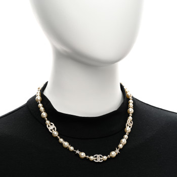 CHANEL Metal Crystal Pearl CC Star Short Pendant Necklace Gold
