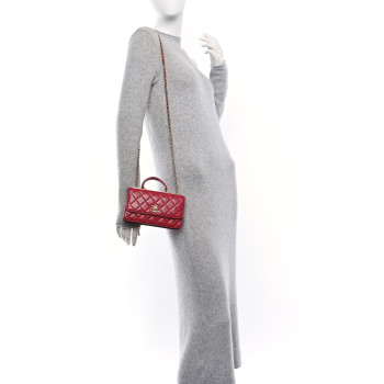 CHANEL Lambskin Quilted Trendy CC Dual Handle Clutch With Chain Red