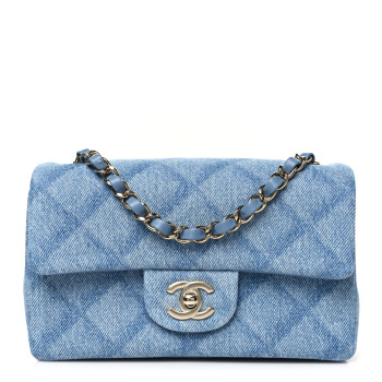 CHANEL Printed Denim Quilted Mini Rectangular Flap Light Blue