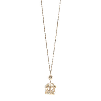 CHANEL Metal Crystal Logo Bird Cage Necklace Gold