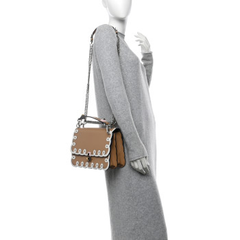 FENDI Vitello Liberty Dolce Scalloped Studded Scrollwork Kan I Shoulder Bag Cuoio White