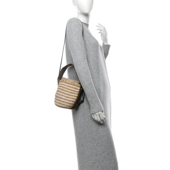 CHLOE Raffia Calfskin Small Woody Striped Basket Bag Grove Brown