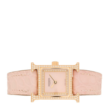 HERMES 18K Rose Gold Alligator Diamond Bezel Rose Opal 17.2mm Heure H Hour Quartz Watch Rose Pale