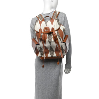 GUCCI GG Supreme Monogram Calfskin Rhombus Print Medium Ophidia Double Buckle Backpack Beige Ebony Mystic White Hazel Brown