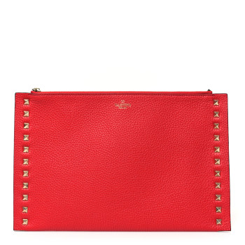 VALENTINO GARAVANI Pebbled Calfskin Large Rockstud Flat Zip Pouch Rouge Pur