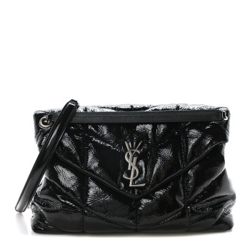 SAINT LAURENT Patent Lambskin Quilted Medium Loulou Puffer Monogram Chain Satchel Black