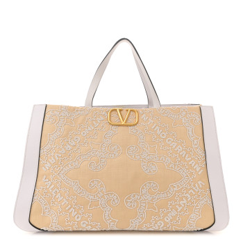 VALENTINO GARAVANI Linen Embroidered Bandana Print Vlogo Signature Tote Beige White