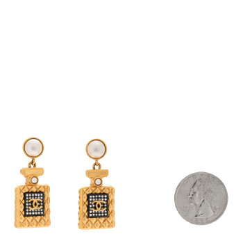 CHANEL Crystal Pearl CC Perfume Bottle Drop Earrings Gold