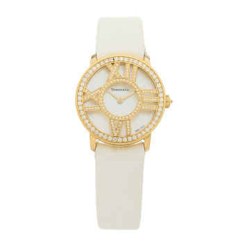 TIFFANY 18K Yellow Gold Satin Diamond Mother of Pearl 26mm Atlas Round Cocktail Quartz Watch