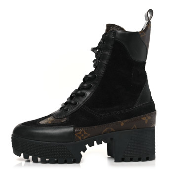 LOUIS VUITTON Suede Calfskin Monogram Laureate Platform Desert Boots 35 Black