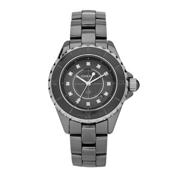 CHANEL Stainless Steel Ceramic Diamond 33mm J12 Quartz Watch Black