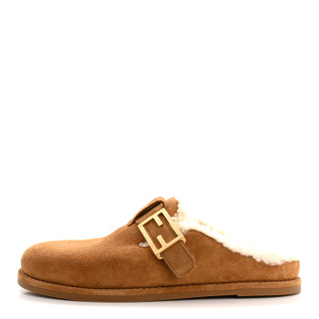 FENDI Suede Shearling Fendi Feel Buckled Clogs 38 Caramel Latte