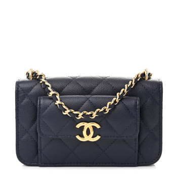 CHANEL Caviar Quilted Pocket Twins Clutch With Chain Navy Blue