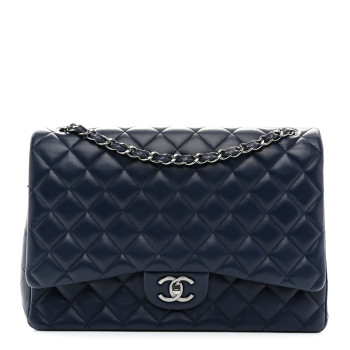 CHANEL Lambskin Quilted Maxi Double Flap Dark Blue