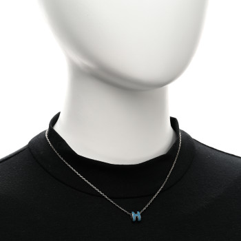 HERMES Lacquered Palladium Mini Pop H Pendant Necklace Bleu Jean